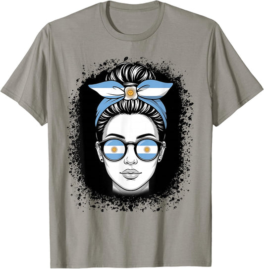 Argentina Flag Messy Bun Woman Travel Pride T-Shirt - T-Shirt | Sand