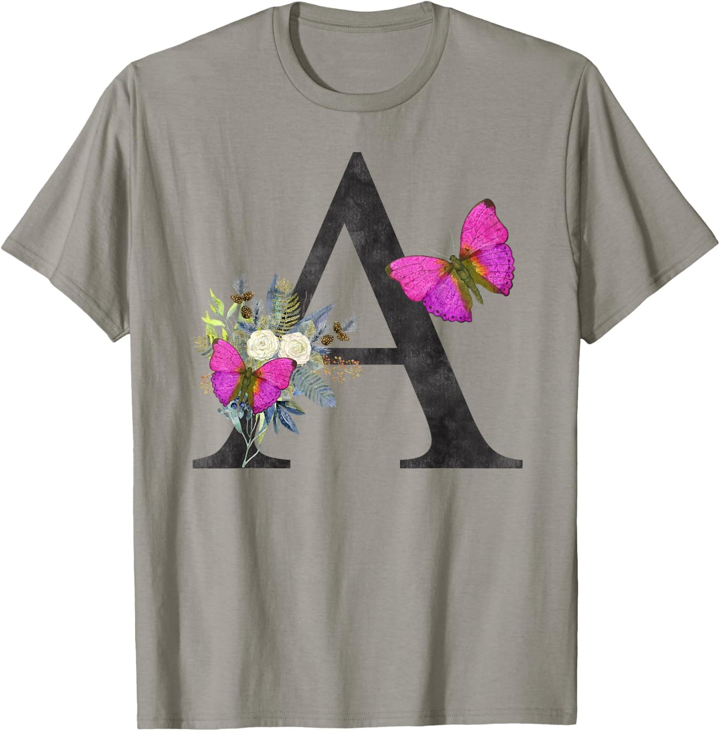 Initial A Letter Butterfly Rose Flowers Watercolor Monogram T-Shirt - T-Shirt | Sand