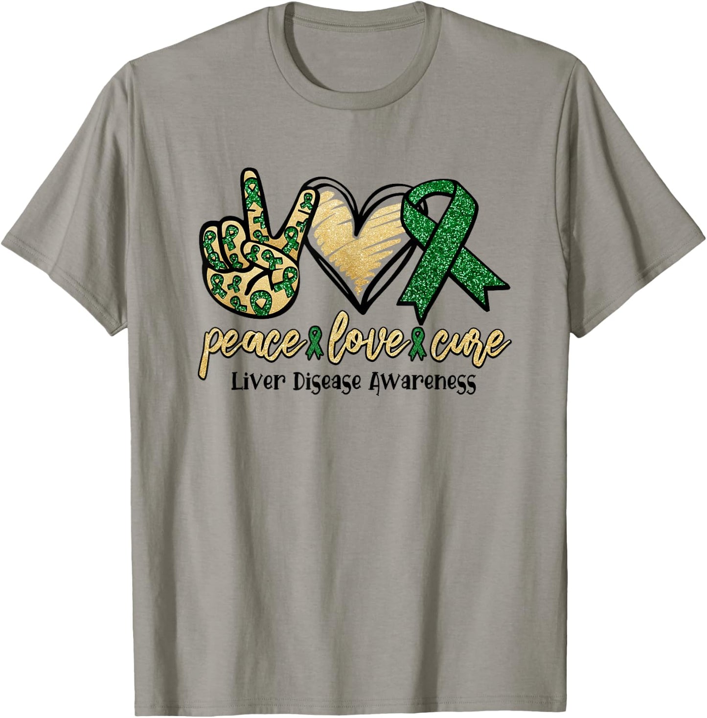 Peace Love Cure Liver Disease Shirt Awareness Ribbon Walk T-Shirt - T-Shirt | Sand