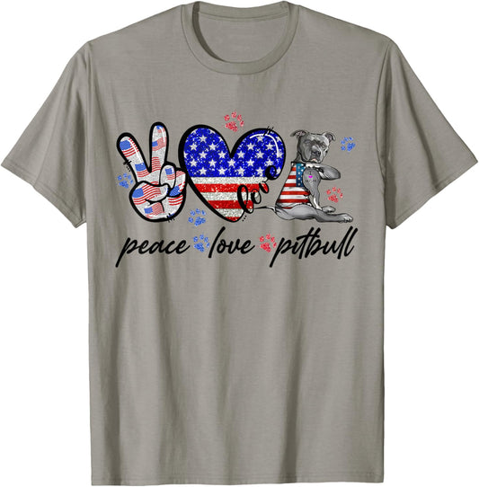 Peace Love Pitbull 4th of July American Flag USA T-Shirt - T-Shirt | Sand