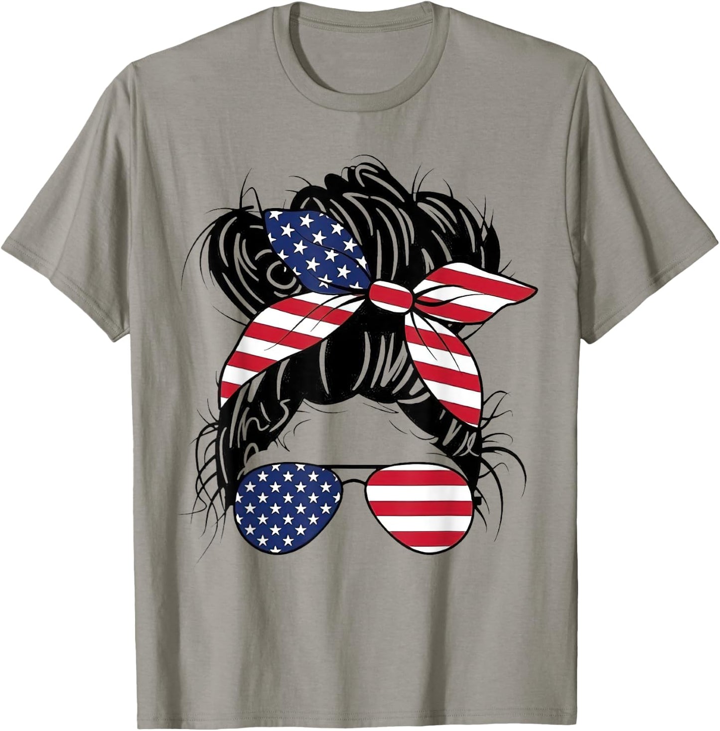 Messy Bun USA Flag Glasses American Flag American Girl T-Shirt - T-Shirt | Sand