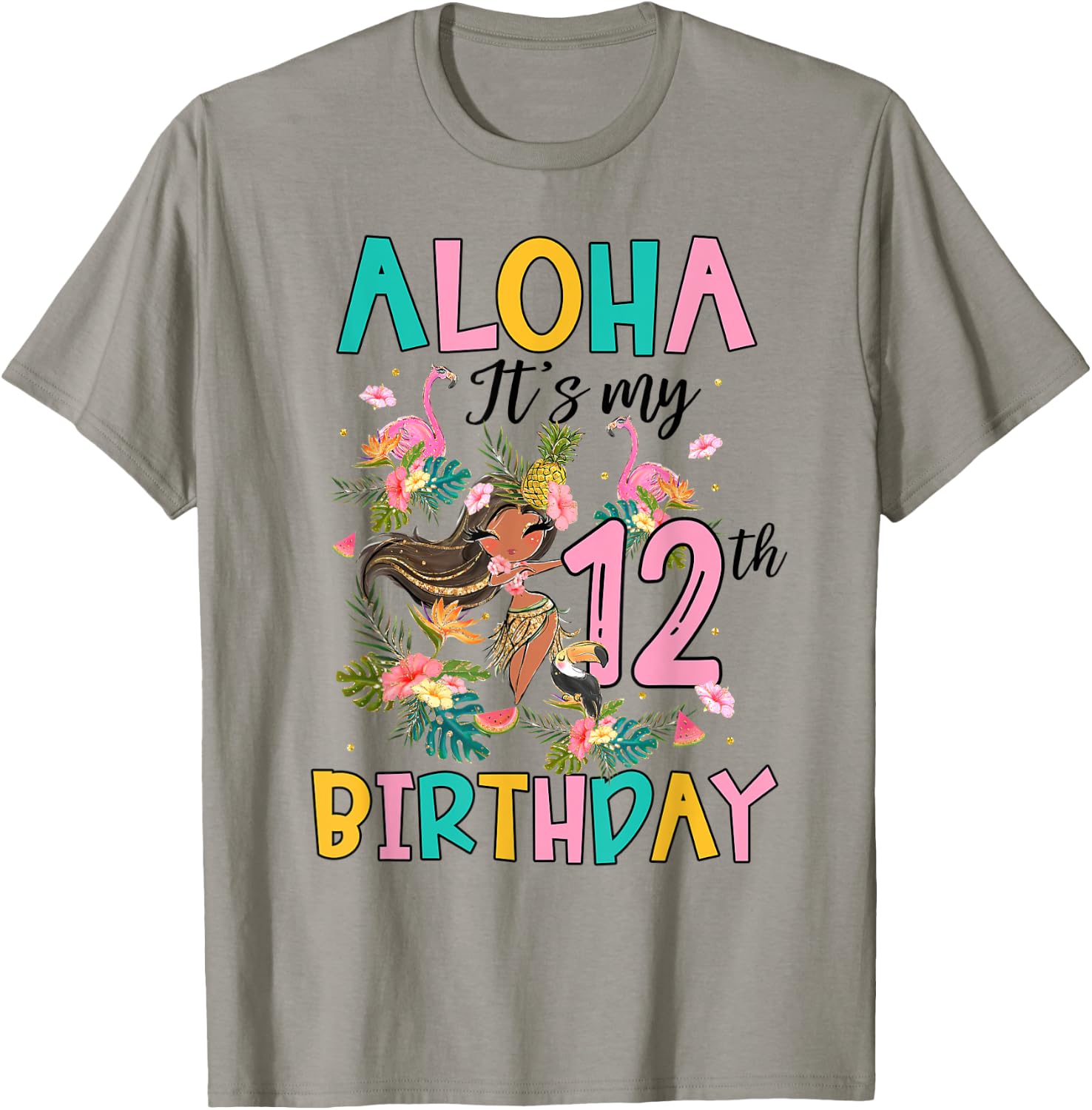 Aloha It's My 12th Birthday Hawaii Girls Flamingo 12 Yrs Old T-Shirt - T-Shirt | Sand