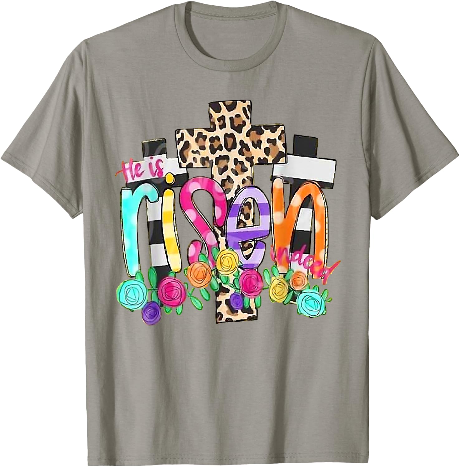 He Is Risen Leopard Cross Christian Jesus Happy Easter Day T-Shirt - T-Shirt | Sand