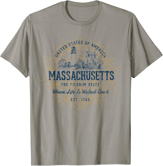 Vintage State of Massachusetts Retro T-Shirt - T-Shirt | Sand