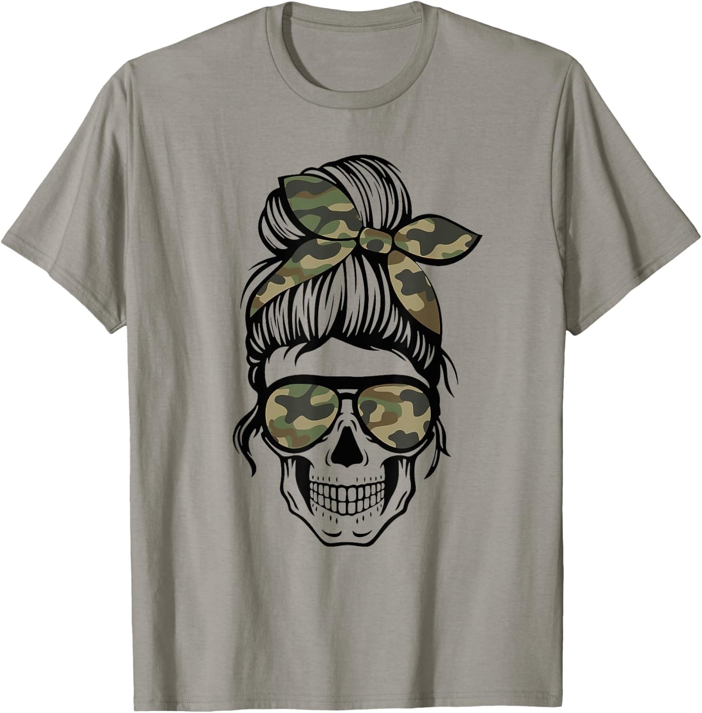 Camo Mom Skull Messy Bun Skull Mom Life Camo Patriotic Men T-Shirt - T-Shirt | Sand