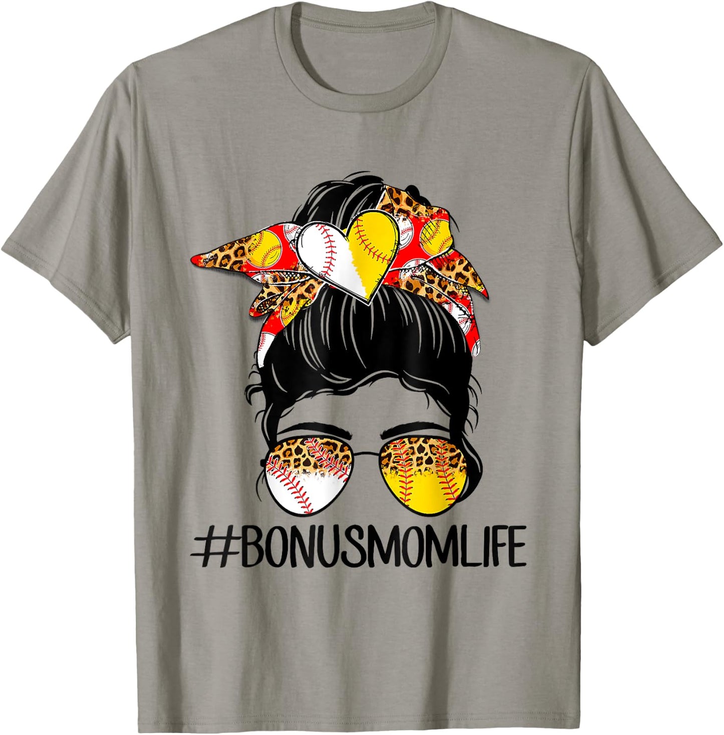 Bonus Mom Life Softball Baseball Mother's Day Messy Bun T-Shirt - T-Shirt | Sand