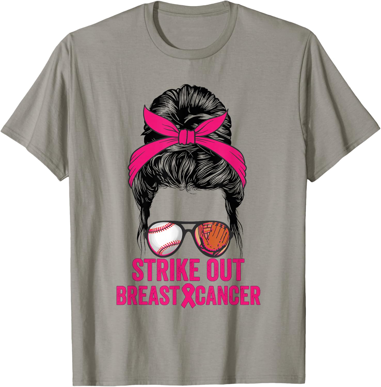Strike Out Breast Cancer Awareness Messy Bun Baseball T-Shirt - T-Shirt | Sand