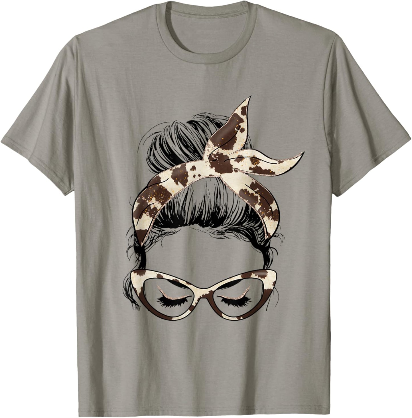 Mom Life Messy Bun Hair Bandana Cow Hide Print T-Shirt - T-Shirt | Sand