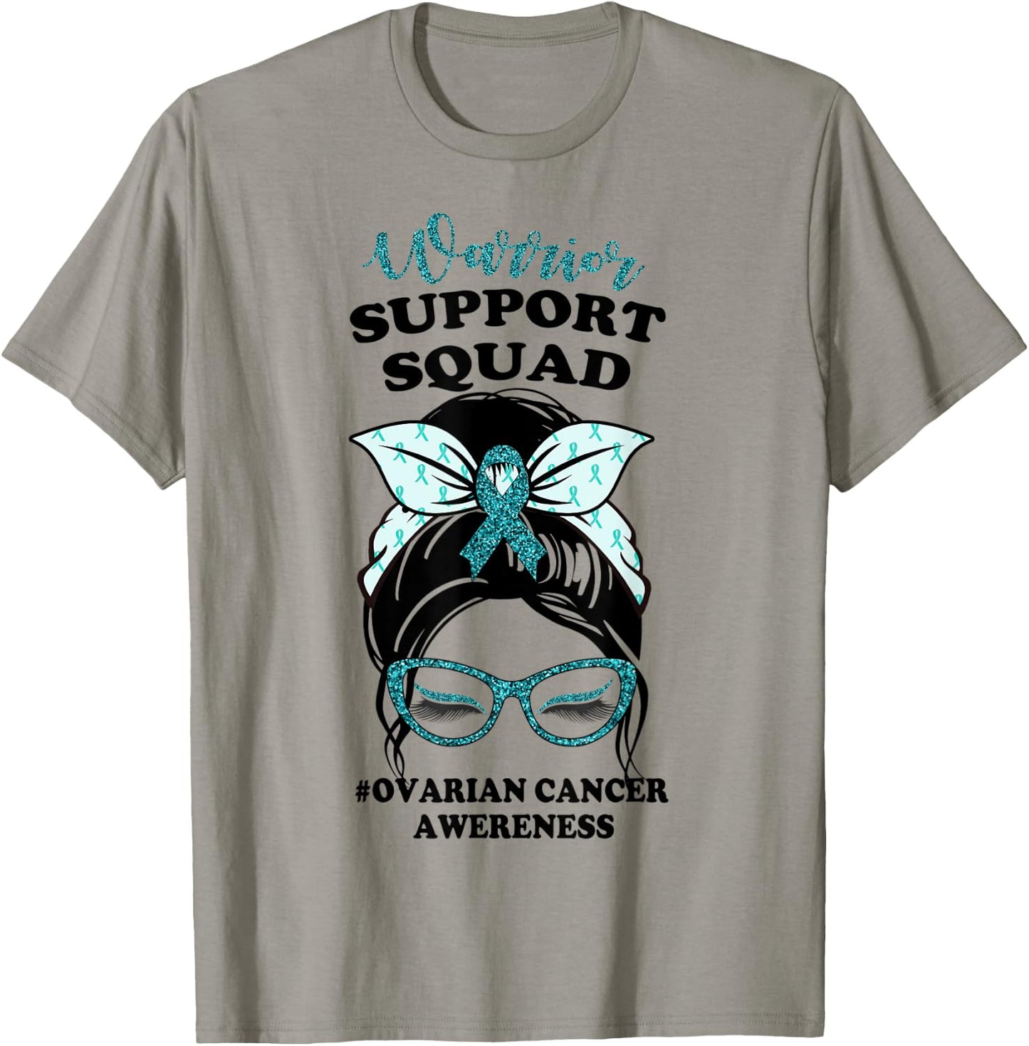 Support Squad Messy Bun Warrior Ovarian Cancer Awareness T-Shirt - T-Shirt | Sand