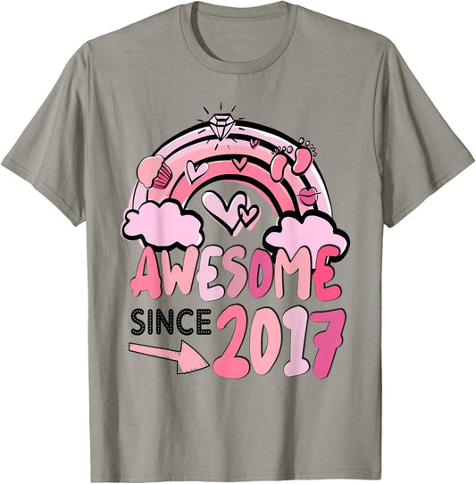 Cute Pink Rainbow Awesome Since 2017 Girl's Birthday T-Shirt - T-Shirt | Sand