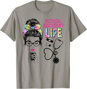 Medical Assistant Stethoscope Tie Dye Messy Bun Nurses Week T-Shirt - T-Shirt | Sand