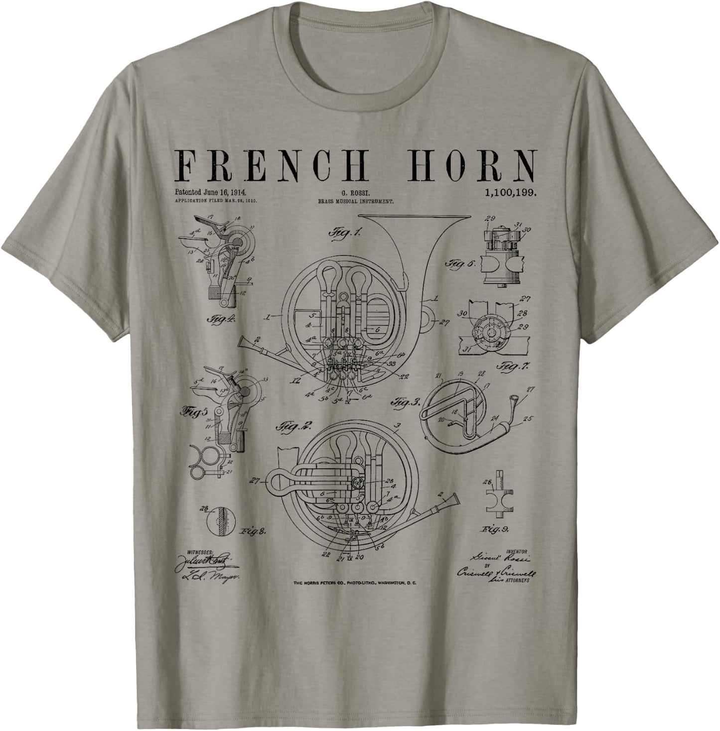 French Horn Old Vintage Antique Patent Drawing Print T-Shirt - T-Shirt | Sand