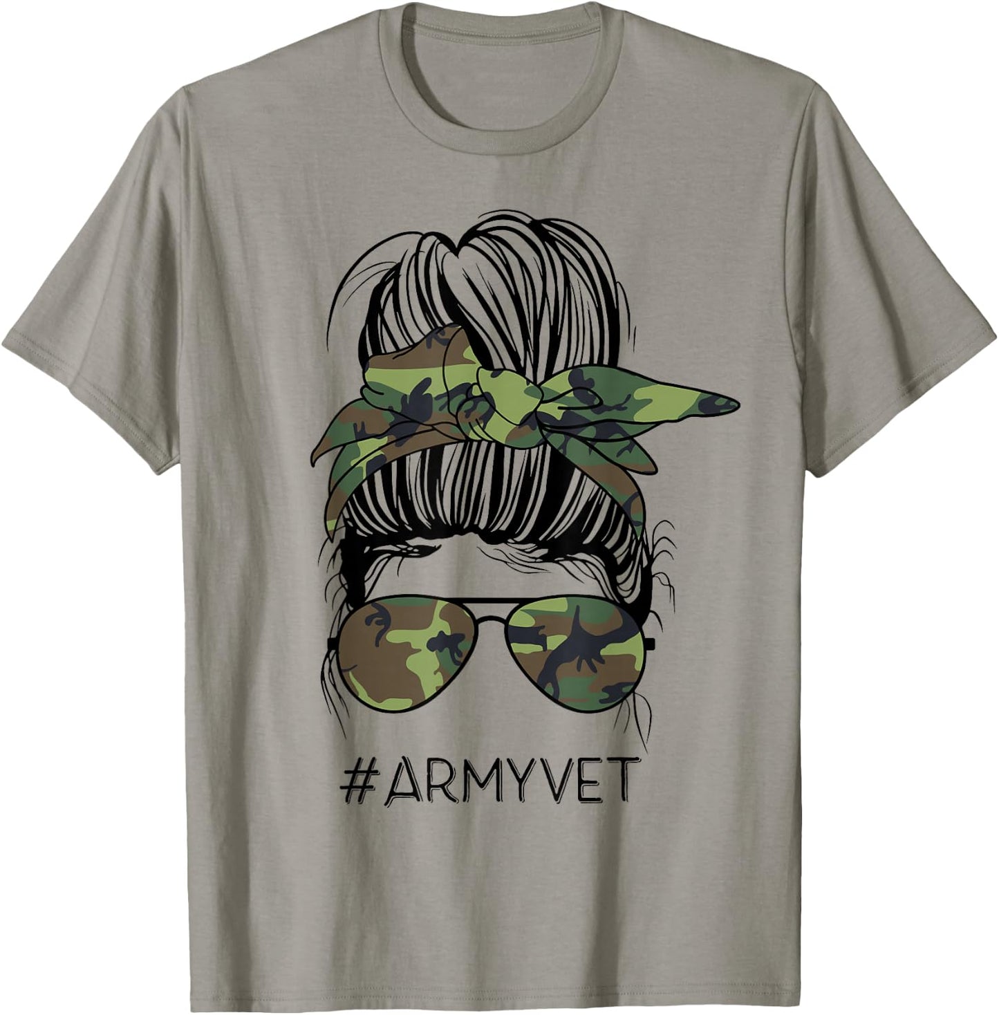 Army Vet Life Messy Bun Camo Print Sunglasses Veterans Day T-Shirt - T-Shirt | Sand