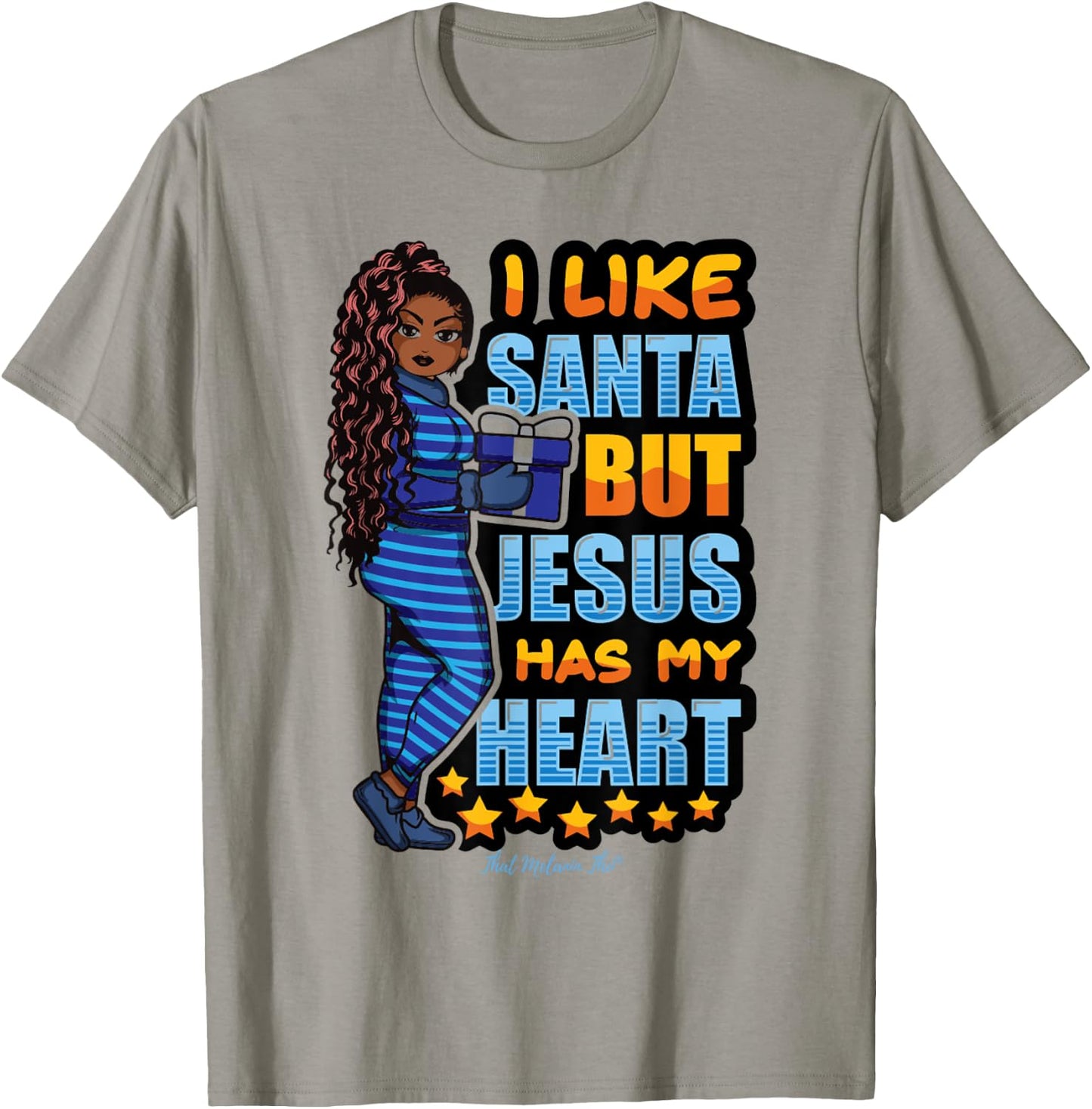 I Like Santa But Jesus Has My Heart Black Woman Christmas T-Shirt - T-Shirt | Sand