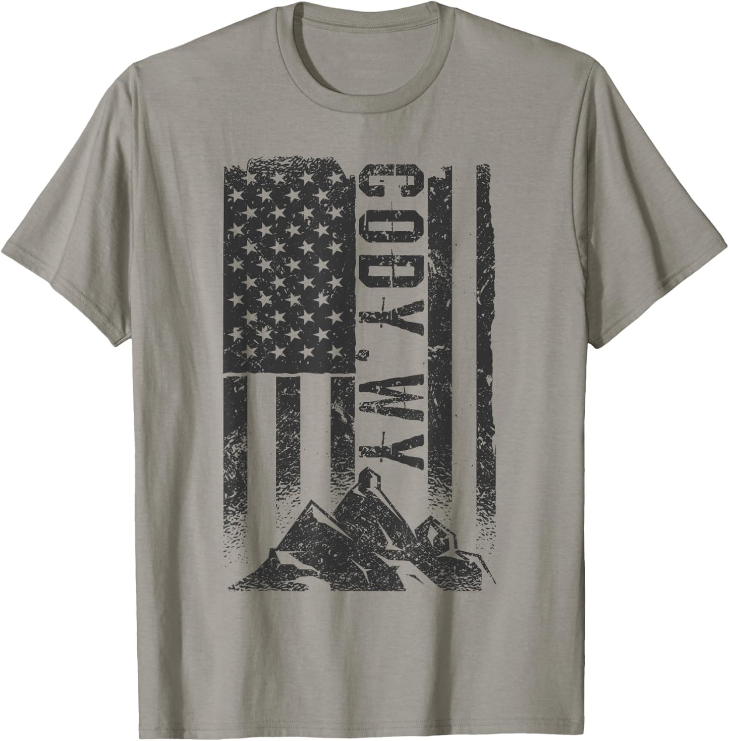 American Flag Patriotic Cody Wyoming Mountains T-Shirt - T-Shirt | Sand