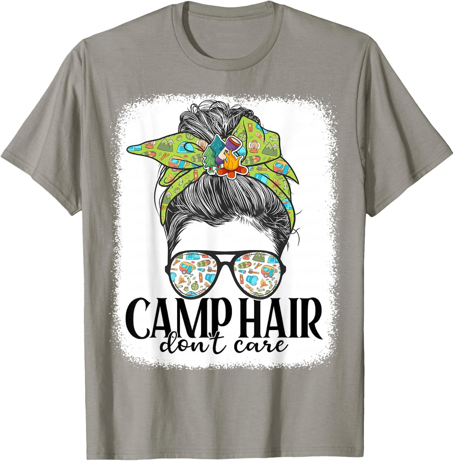 Women Camping-Shirt Camp Hair Dont Care Messy Bun Funny Girl T-Shirt - T-Shirt | Sand