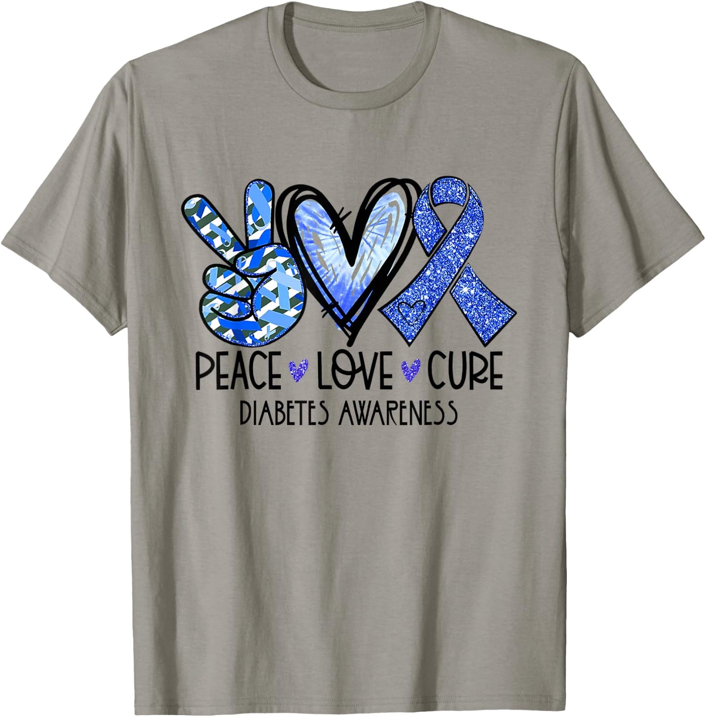 Peace Love Cure Type 1 Diabetes Awareness T1D Blue Ribbon T-Shirt - T-Shirt | Sand