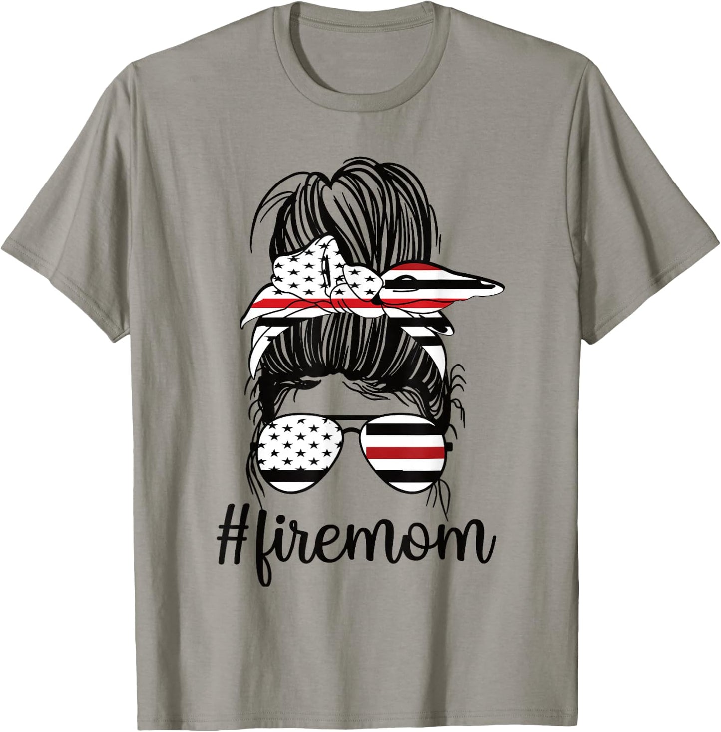 Firefighter Mom Messy Bun Fire Mom Mother Thin Red Line T-Shirt - T-Shirt | Sand
