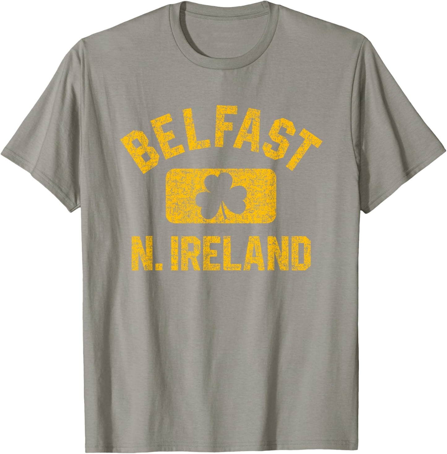 Belfast N. Ireland Gym Style Green w Distressed Amber Print T-Shirt - T-Shirt | Sand