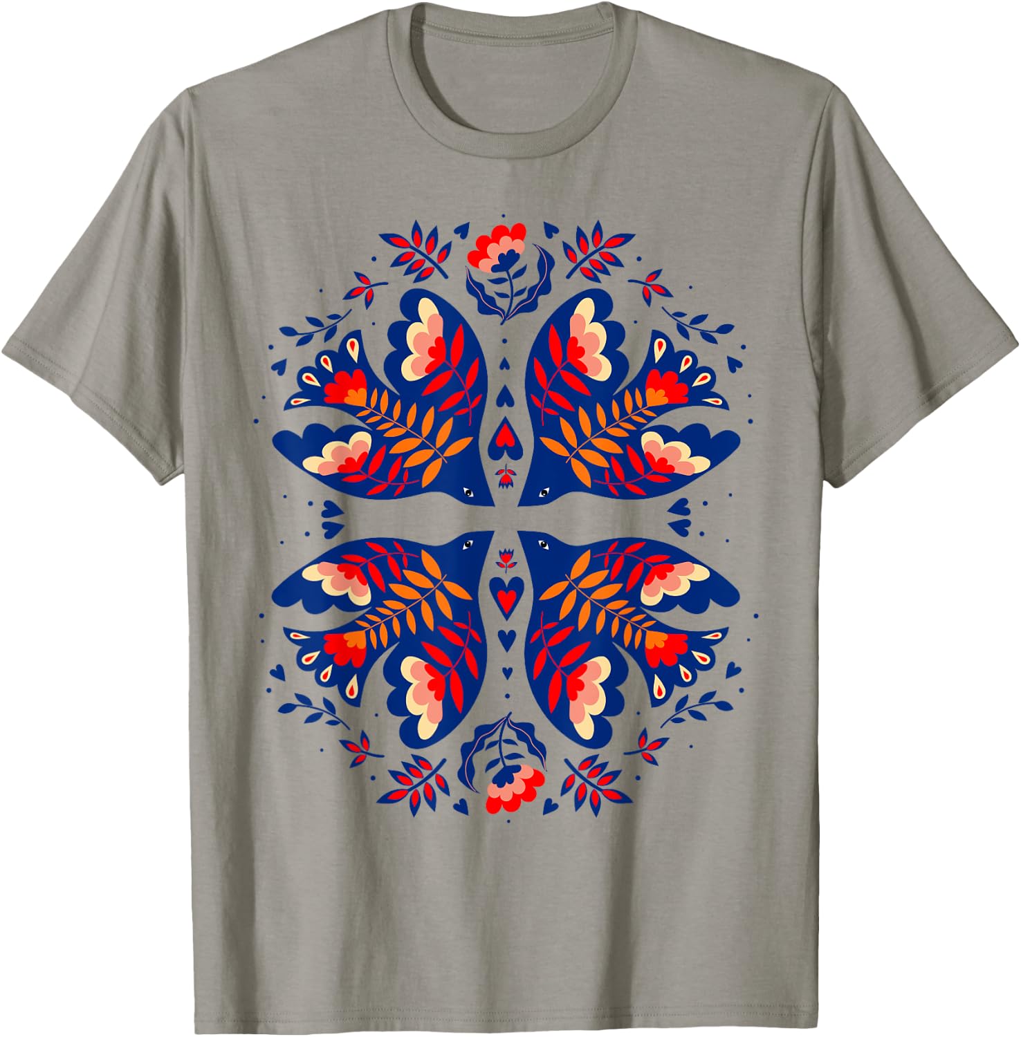 Free Ukraine Folk Art Flowers Birds Hearts Vyshywanka Style T-Shirt - T-Shirt | Sand