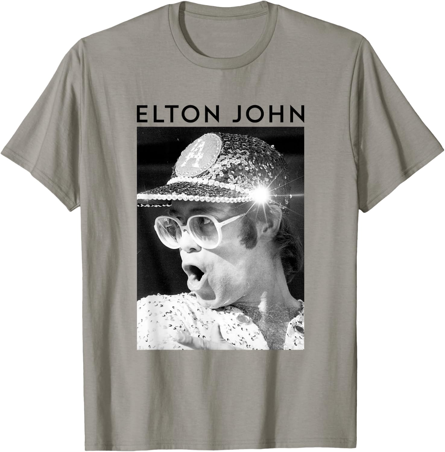 Elton John Official Black & White Photo Sequin Cap T-Shirt - T-Shirt | Sand