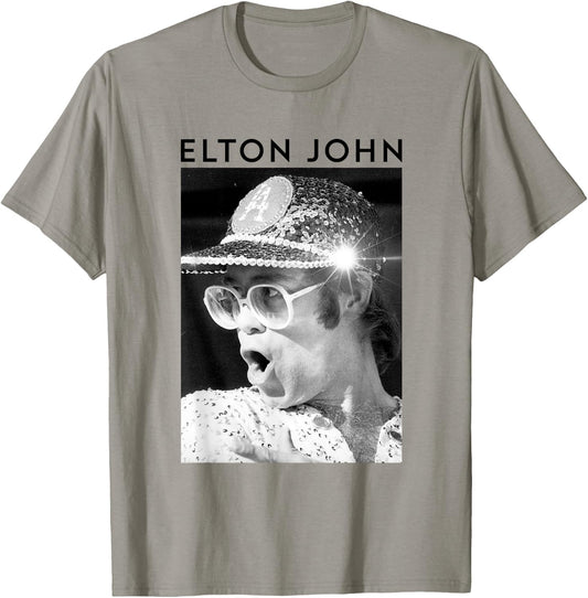 Elton John Official Black & White Photo Sequin Cap T-Shirt - T-Shirt | Sand