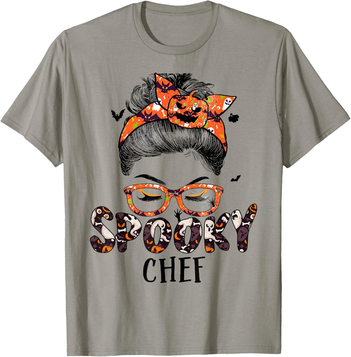 Messy Bun Spooky Chef Women Pumpkin Halloween Bat T-Shirt - T-Shirt | Sand