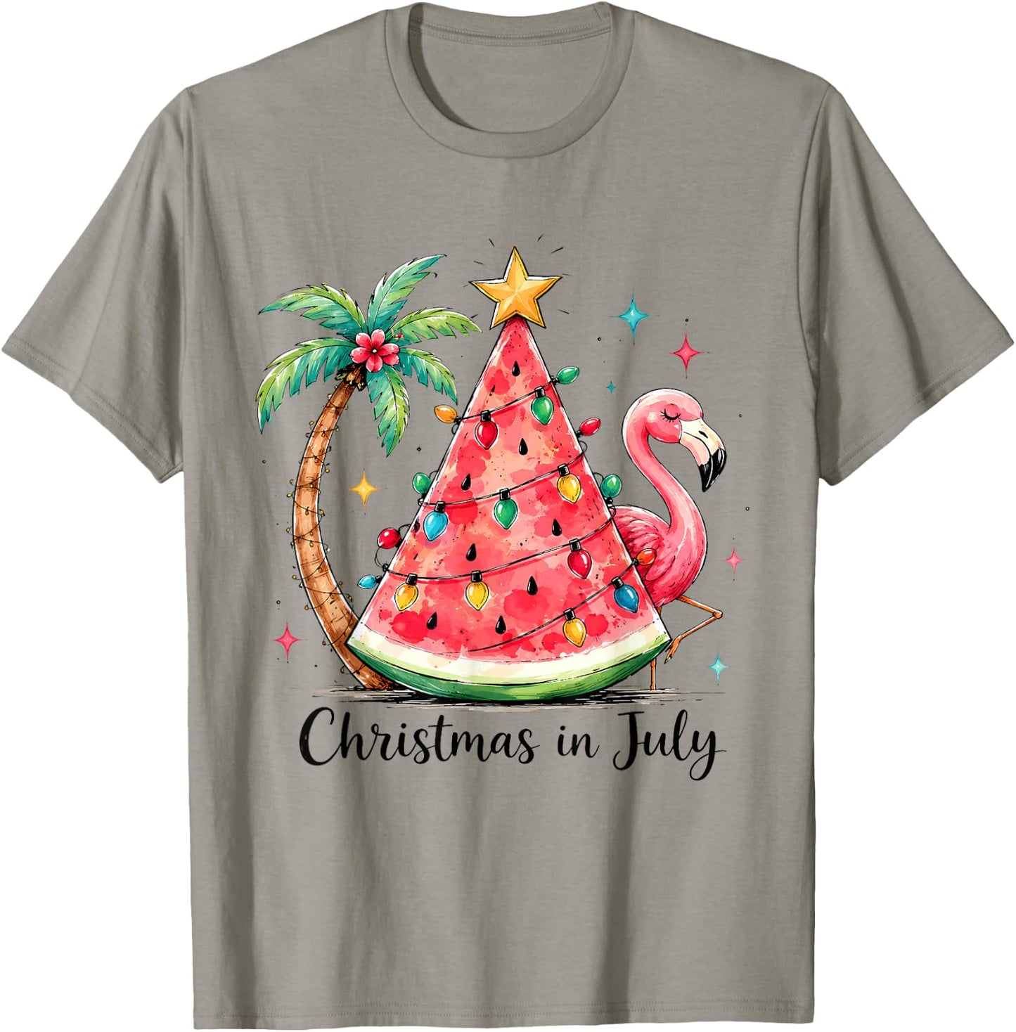 Christmas in July Watermelon Tree Flamingo Palm Tropical T-Shirt - T-Shirt | Sand