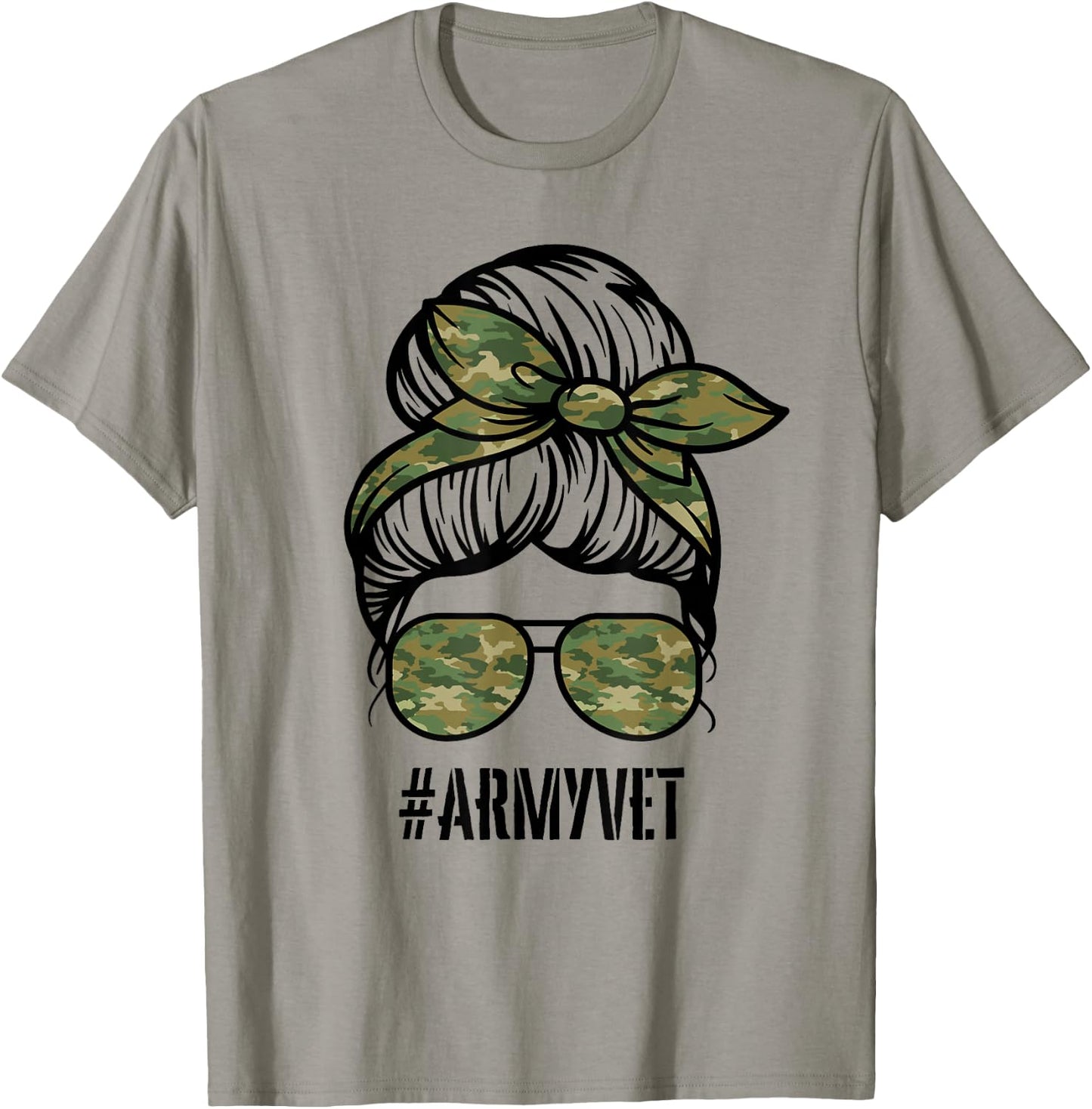 Army Vet Armyvet messy bun camouflage women's Veteran T-Shirt - T-Shirt | Sand