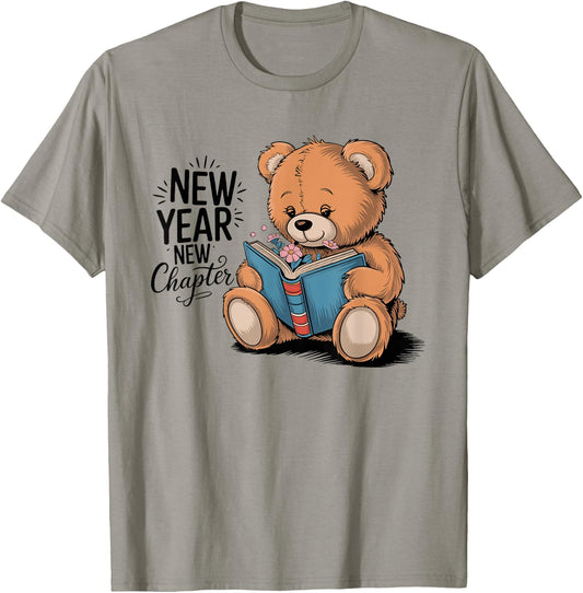 Nerd Teddy Bear Reading New Year New Chapter Happy New Year T-Shirt - T-Shirt | Sand