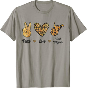 Peace Love West Virginia Leopard Flag Map Souvenirs Men Kids T-Shirt - T-Shirt | Sand