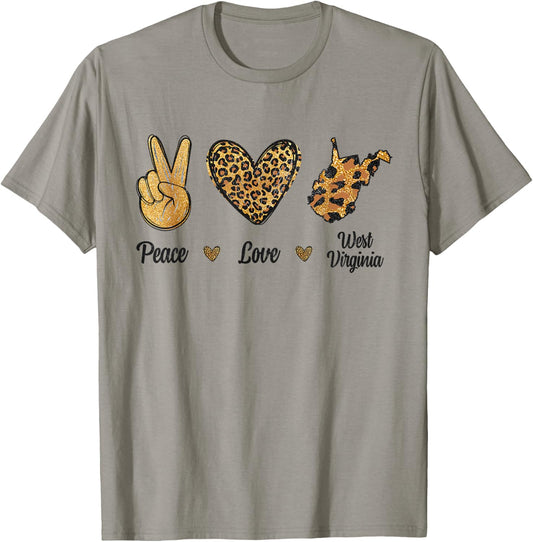 Peace Love West Virginia Leopard Flag Map Souvenirs Men Kids T-Shirt - T-Shirt | Sand