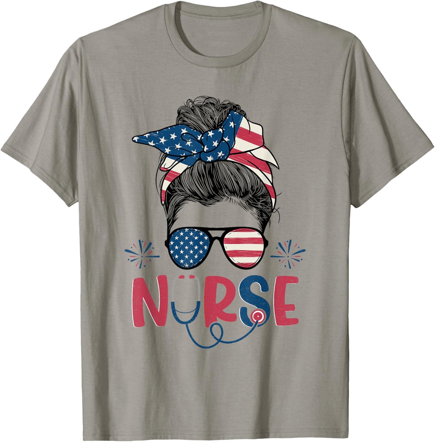 American Flag Patriotic Nurse Messy Bun 4th Of July Nurse Kids Men T-Shirt - T-Shirt | Sand