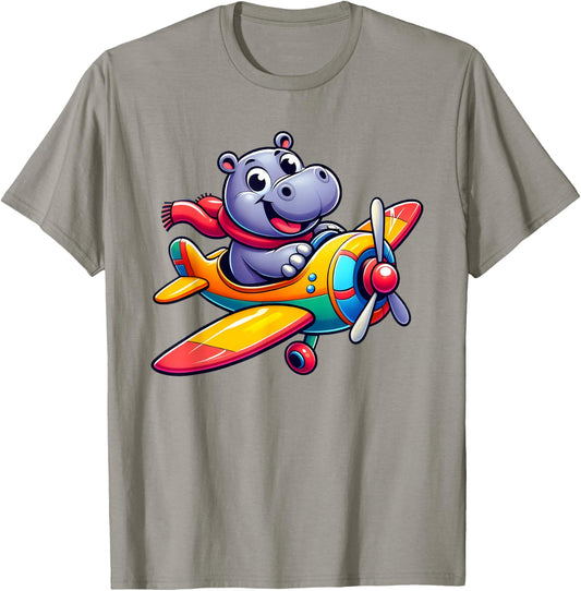 Pilot Hippo Flying Airplane T-Shirt - T-Shirt | Sand