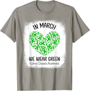 Heart In March We Wear Green Kidney Disease Awareness Ribbon T-Shirt - T-Shirt | Sand