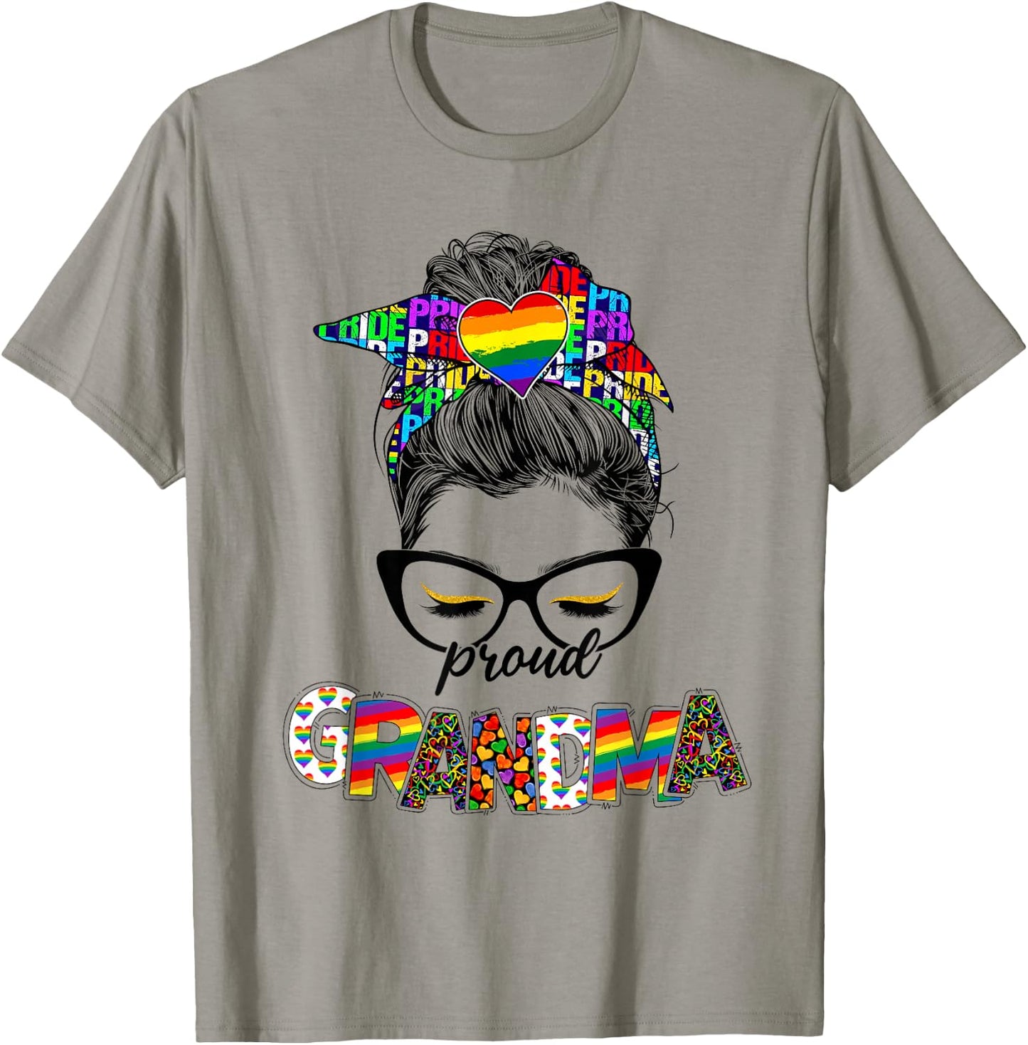 Proud Grandma LGBT Pride Rainbow Messy Bun Hair Mothers Day T-Shirt - T-Shirt | Sand