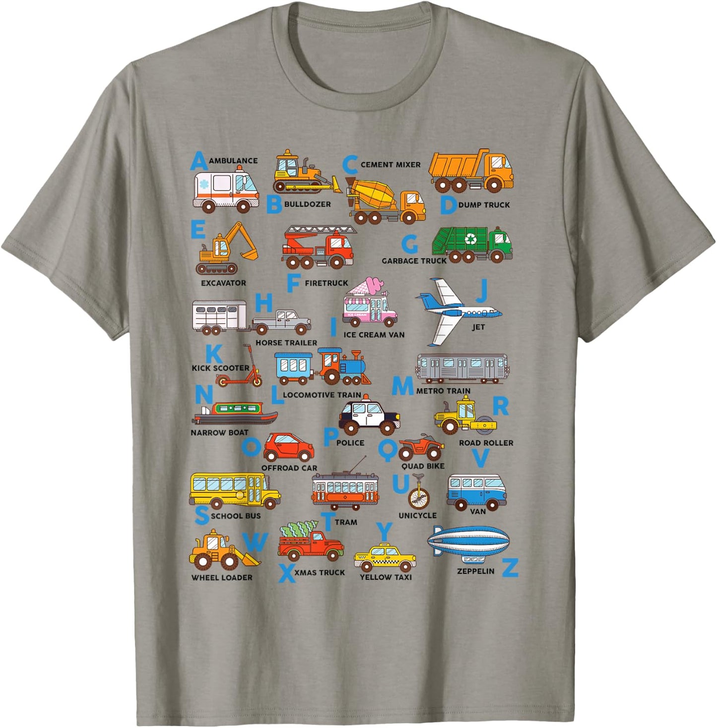 Alphabet Vehicles ABCs Learning Teachers Kids Boys Girls T-Shirt - T-Shirt | Sand