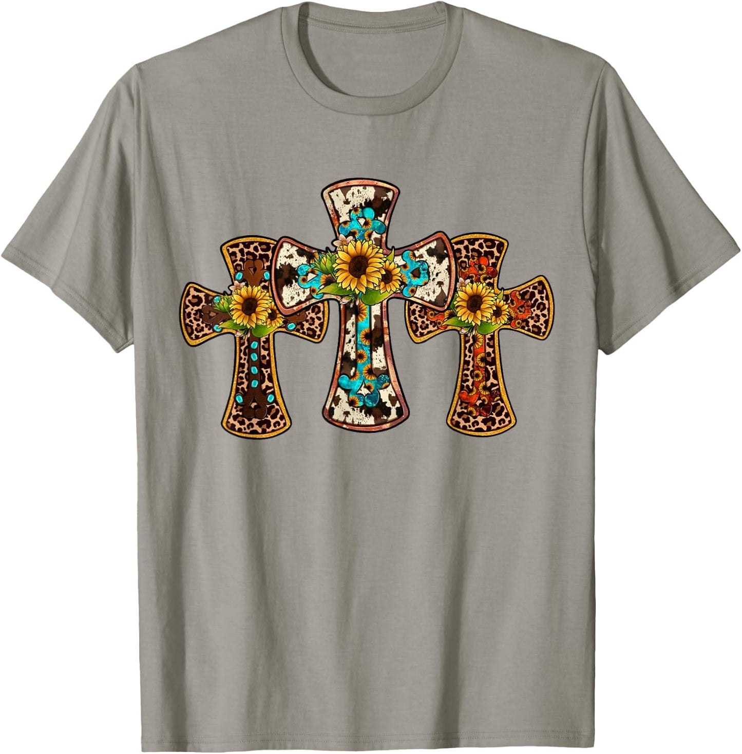 Western Cross Christian God Jesus Sunflower Cowhide T-Shirt - T-Shirt | Sand
