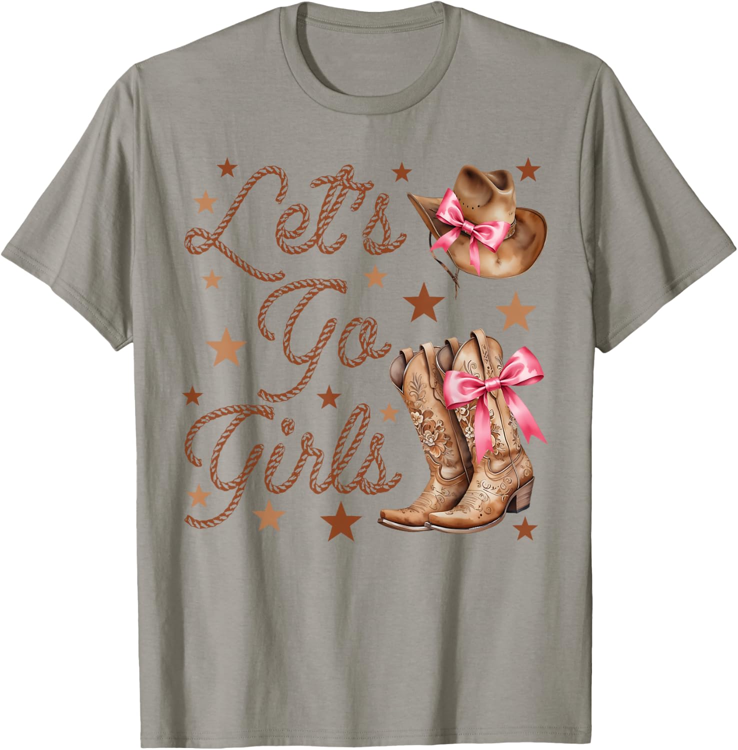 Let's Go Girls Cowgirl Hat Boots Coquette Bow Team Bride T-Shirt - T-Shirt | Sand