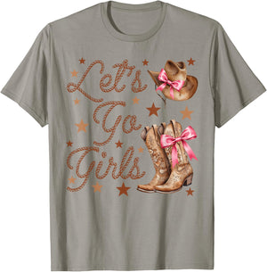 Let's Go Girls Cowgirl Hat Boots Coquette Bow Team Bride T-Shirt - T-Shirt | Sand