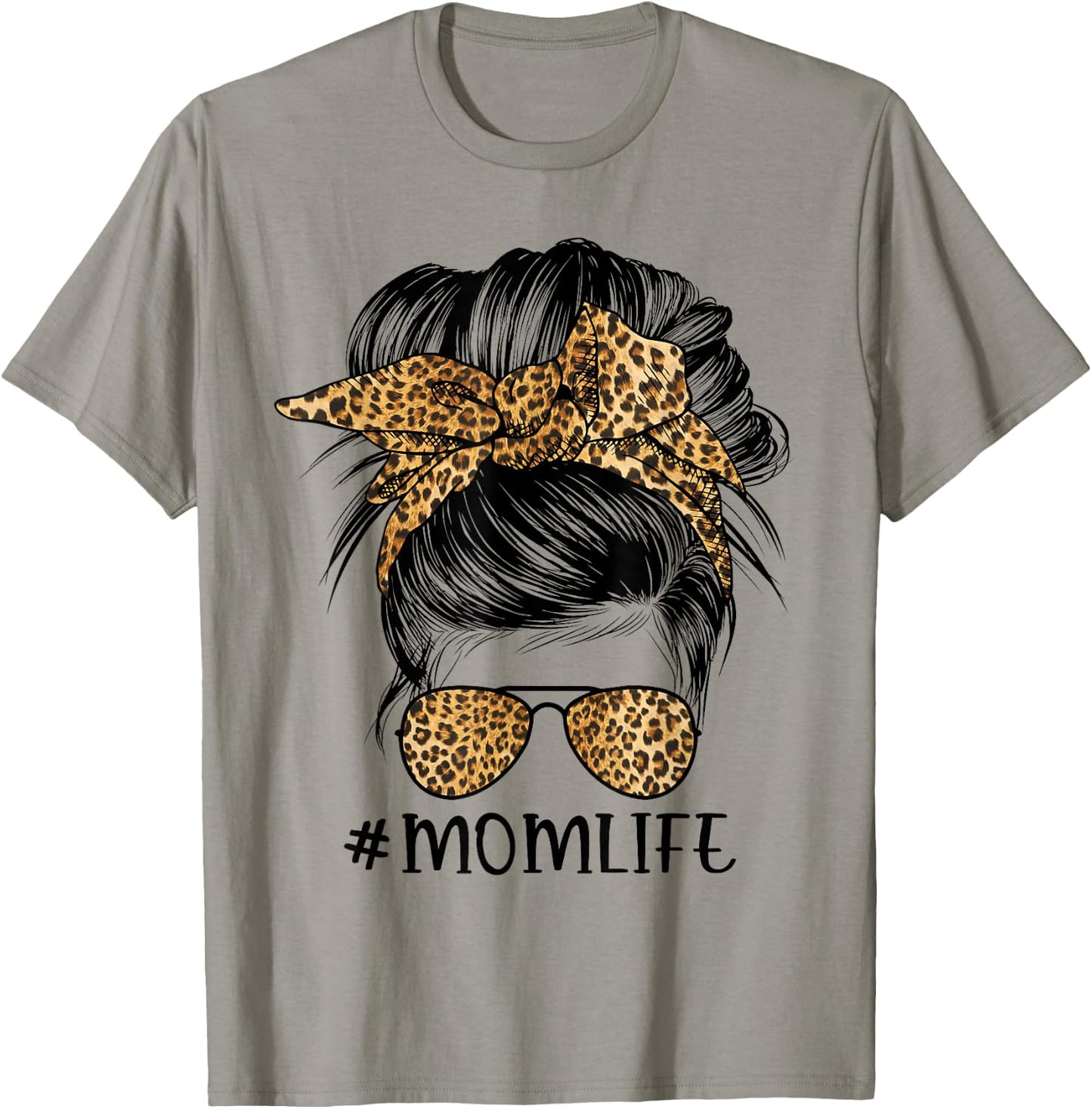 Mom Life Messy Bun Hair Bandana Leopard Print T-Shirt - T-Shirt | Sand