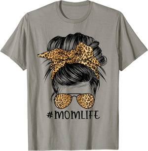 Mom Life Messy Bun Hair Bandana Leopard Print T-Shirt - T-Shirt | Sand