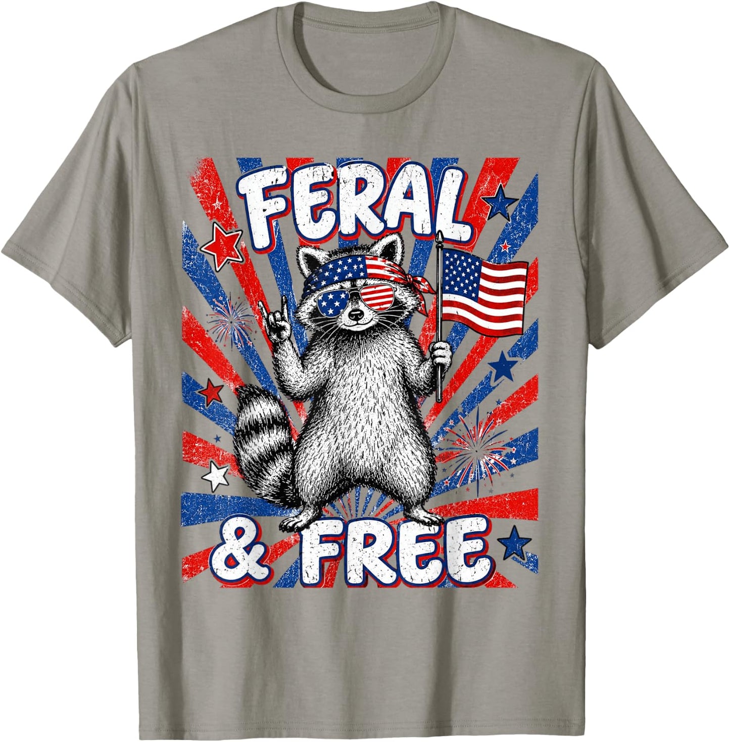 Funny Raccoon USA Flag Fourth July Patriotic Feral and Free T-Shirt - T-Shirt | Sand