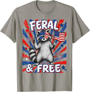 Funny Raccoon USA Flag Fourth July Patriotic Feral and Free T-Shirt - T-Shirt | Sand