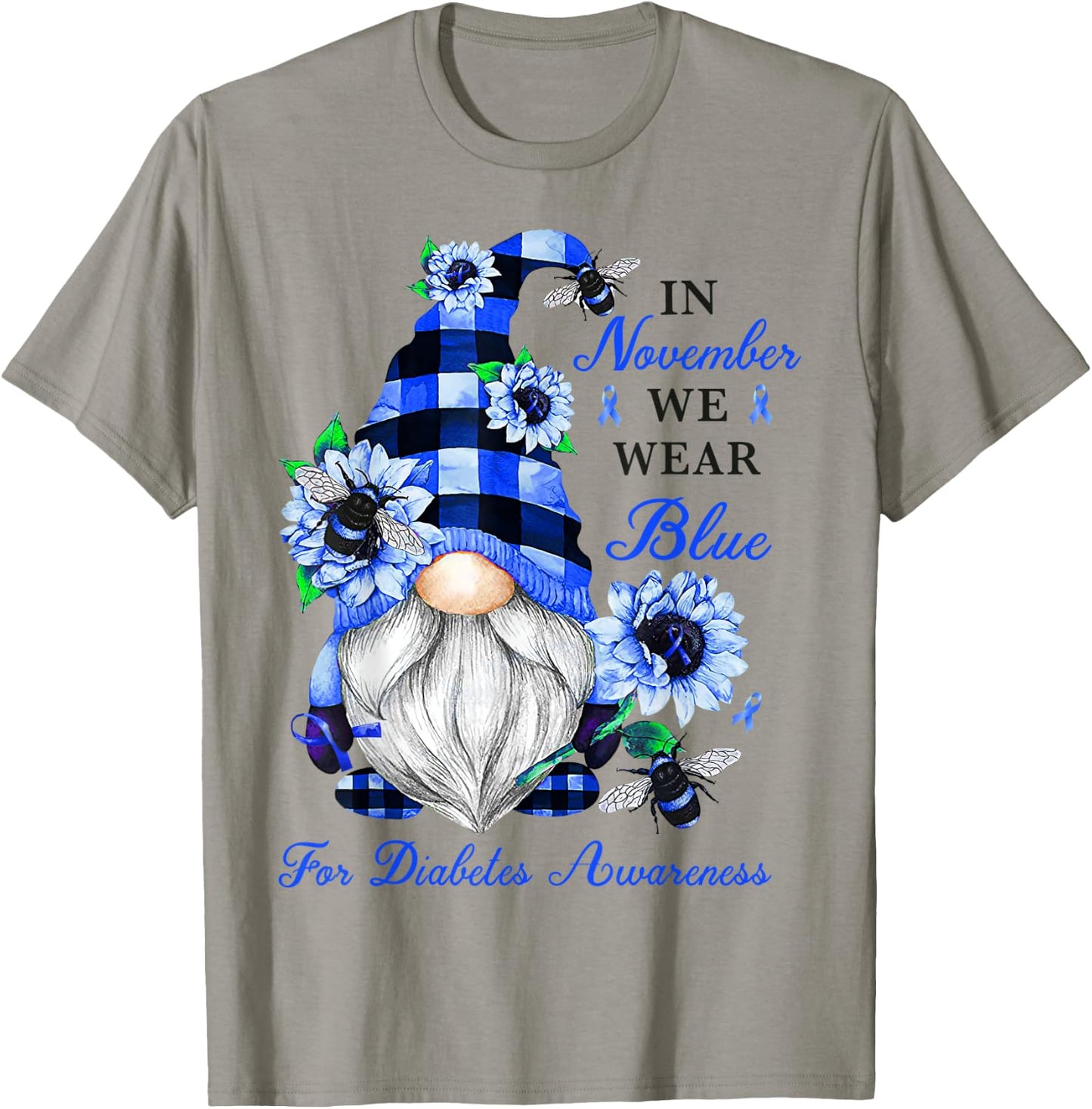 Gnome Diabetic November Diabetes Month Ribbon Blue Awareness T-Shirt - T-Shirt | Sand