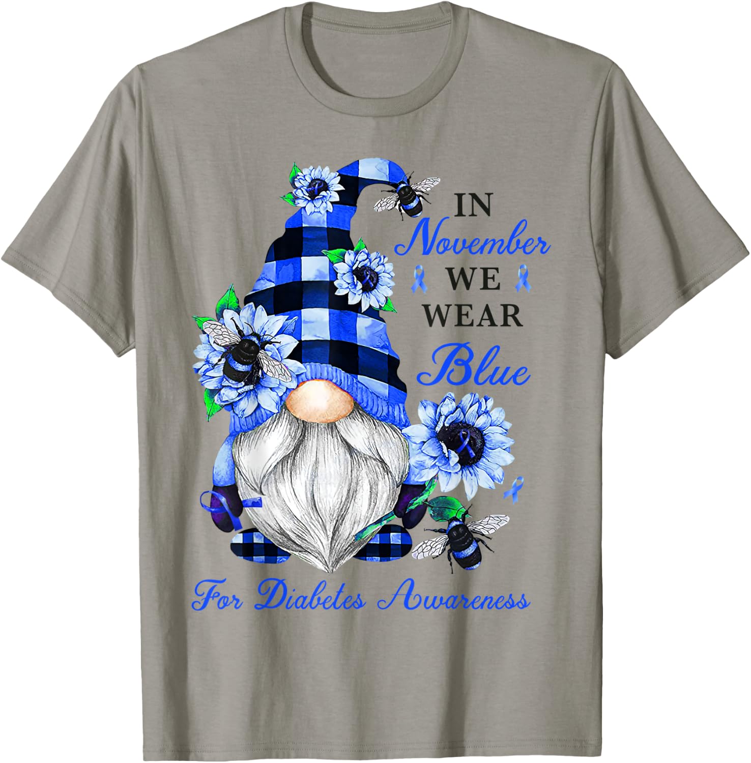 Gnome Diabetic November Diabetes Month Ribbon Blue Awareness T-Shirt - T-Shirt | Sand