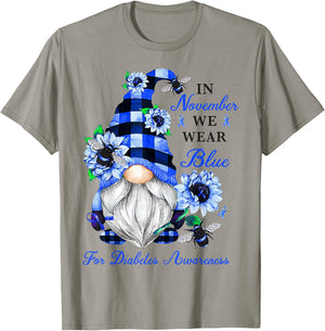 Gnome Diabetic November Diabetes Month Ribbon Blue Awareness T-Shirt - T-Shirt | Sand
