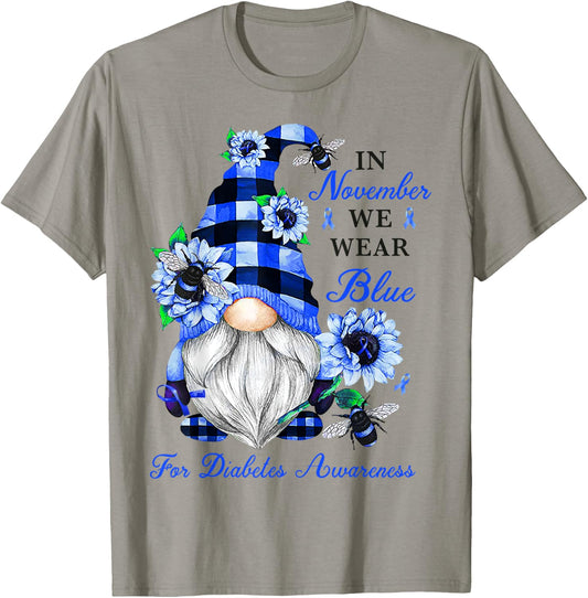 Gnome Diabetic November Diabetes Month Ribbon Blue Awareness T-Shirt - T-Shirt | Sand