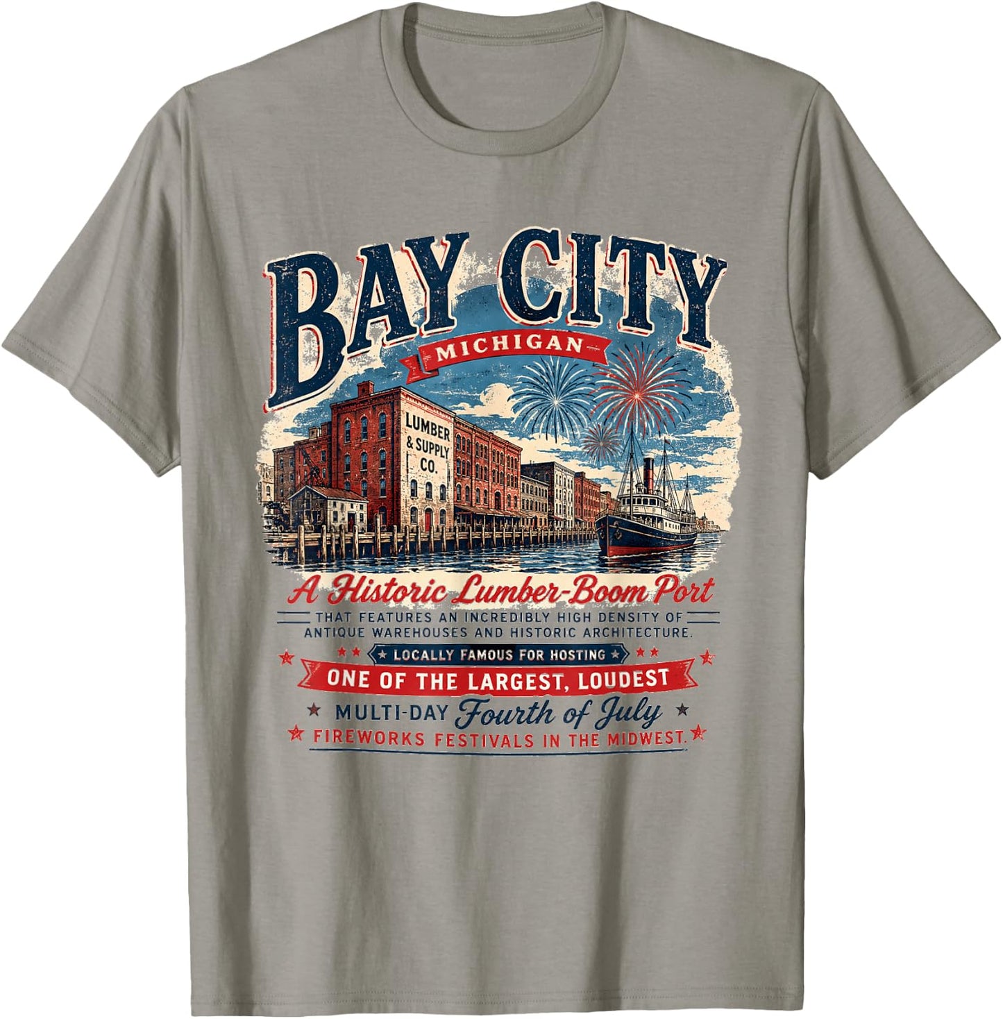 Bay City Michigan - Lumber Boom Port - 4th of July Patriotic T-Shirt - T-Shirt | Sand