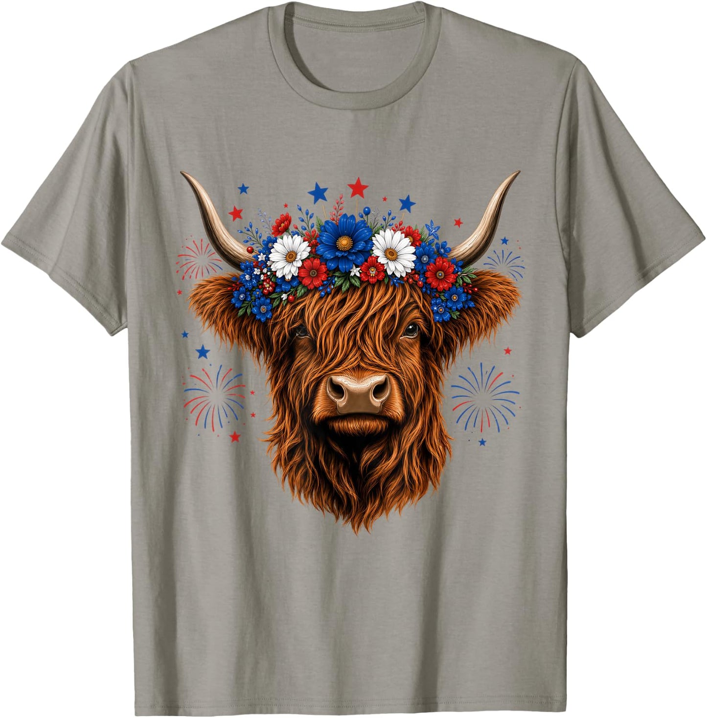 Highland Cow Cattle Floral 4th of July Patriotic Fireworks T-Shirt - T-Shirt | Sand